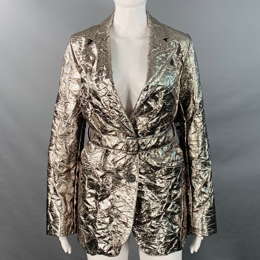 SIES MARJAN Size 6 Metallic Silver Polyester Blend Notch Lapel Belted Jacket